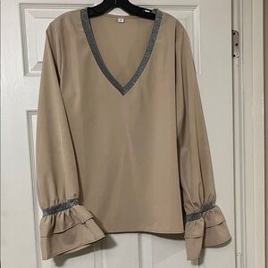 Chic Beige V-Neck Blouse with Ruffled Sleeves